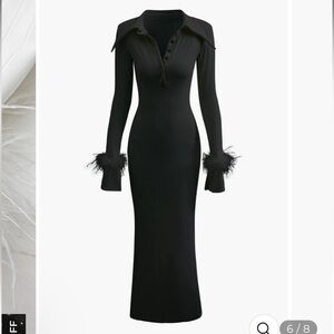 NWT Rib Knit Button Collar Fluffy Cuff Maxi Dress